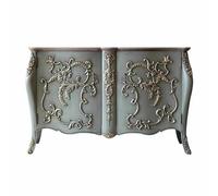 Buffet décoratif provincial français avec détails en relief sculptés à la main, meuble console vintage gris-vert avec pieds incurvés, buffet de rangement néoclassique