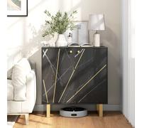 Buffet design - 2 portes, étagère - métal doré aspect marbre noir