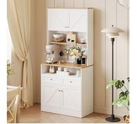 Buffet - Design rétro (portes de grange) - Blanc mat 80x40x175 cm - 4 portes 2 tiroirs - Panneau perforé central