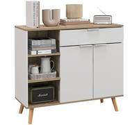 Buffet design scandinave - 2 portes, étagère, tiroir, 3 niches - piètement bois pin panneaux blanc aspect chêne clair