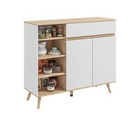 Buffet design scandinave 2 portes tiroir coulissant 4 niches piètement bois de pin panneaux blanc aspect chêne clair Blanc G