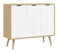 Buffet design scandinave 3 portes 2 étagères piètement bois de pin panneaux portes motif chevrons blanc aspect bois clair Beige