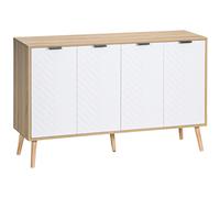 HOMCOM Buffet Bas, Meuble de Rangement, étagères réglables, 2 placards, 4 Portes Motif Chevrons, pour Cuisine, Salle à Manger, Salon, 120 x 35 x 77,4 cm, Blanc et Bois Naturel