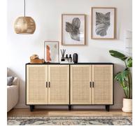 Buffet élégant, 4 portes en rotin, 158x40x88 cm, Meuble de rangement, Style moderne, Buffet bas salon, Noir, Panneau de particules