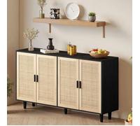 Buffet élégant, 4 portes en rotin, 158x40x88 cm, Meuble de rangement, Style moderne, Buffet bas salon, Noir, Panneau de particules