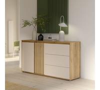 Buffet ELISTON - Blanc Mat & Chêne - 2 Portes + 3 Tiroirs - L 159,6 × P 41,5 × H 81,7 cm
