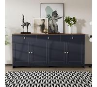 Buffet En Bois - 160 L X 37 B X 75h(cm), Quatre Portes, Trois Tiroirs, Meuble De Cuisine, Meuble De Rangement, Meuble D'appoint, Étagères Ouvertes,salon, Salle À Manger. Couleur Bois Et Gris Noir