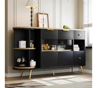 Buffet en Bois avec 2 Tiroir Et 2 Portes, Armoires De Rangement avec Portes Coulissantes en Verre Et Lumières LED, Armoires Indépendantes, Meubles De Cuisine pour Manger, Salon, Noir