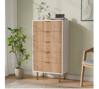 Buffet en bois, Buffet moderne de salon, Armoire haute, Commode 5 tiroirs, Meuble de rangement, Pieds en métal, Bois et Blanc