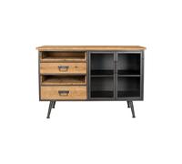 Buffet en bois de sapin beige, 2 tiroirs, structure en métal, portes en verre trempé, style industriel - White Label, Damian - 113x40x75 cm