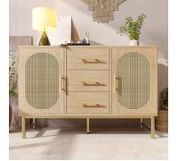 Buffet en bois et Rotin, 3 tiroirs et 2 portes, pieds métalliques réglables, bahut scandinave 120×40×74 cm