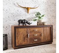 Buffet en bois massif 160cm Sheesham commode avec 2 portes & 3 tiroirs bordée de cuir somptueux