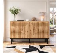 Buffet en Bois Naturel à Portes Push pour Séjour et Salle à Manger | Trois portes à ouverture par pression, motif vague en relief, six compartiments et pieds métal surélevés