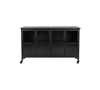 Buffet en bois noir, 4 portes, vitré, serrure magnétique, avec roulettes, enfilade - White Label, Ferre - 120x35x75 cm
