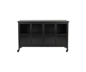 Buffet en bois noir, 4 portes, vitré, serrure magnétique, avec roulettes, enfilade - White Label, Ferre - 120x35x75 cm