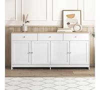 Buffet en grain de bois blanc avec quatre portes et trois tiroirs de rangement pour salon et salle à manger - Style rustique et finition bois moderne