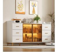 Buffet / Enfilade - Novélys - 160cm - 6 Tiroirs, 2 Portes Vitrées (Cadre Doré) et Éclairage LED RGB - Blanc et Or