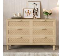 Buffet et Commode élégants en Bois Naturel avec Six tiroirs, Armoire de Chambre avec Beaucoup d'espace de Rangement, tiroirs Aspect rotin.
