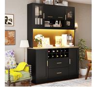 Buffet et enfilade 6 Portes, 2 Tiroirs, Range-Bouteilles, LED et Prises USB - YEAVIO - MDF Noir, Cuisine 120×36,3×180 cm
