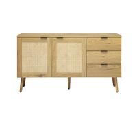 Buffet finition bois clair, cannage en rotin et métal noir 2 portes, 3 tiroirs L135 cm MANILLE