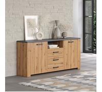 Buffet FOLLOW - Mélamine chêne artisan et gris ardoise - 2 Portes + 3 Tiroirs - L180 x P40 x H83 cm - TRENDTEAM