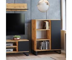 Buffet FONDI, commode avec 1 porte et 3 étagères - chêne wotan/noir- L 90 x P 40 x H 116cm Loft