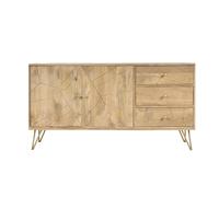 Buffet gravé en bois manguier massif et métal doré 2 portes 3 tiroirs L145 cm LINIUM
