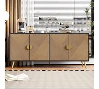 Buffet - GUTENT - 4 Portes - Finition Rayée - Poignées Dorées - Style Scandinave