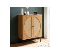 Buffet haut 2 portes 80x39x103 cm effet chêne et rotin - VITEL