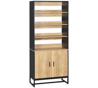 Buffet Haut 2 Portes Total 5 Étagères Acier Noir Aspect Bois Clair Beige