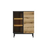 Buffet haut 3 portes 7 étagères LEDs intégré Chêne et Noir 100 cm - CAMILLE