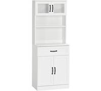 Buffet haut 4 portes étagère niche tiroir coulissant plan de travail poignées métal noir verre trempé MDF blanc