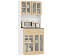 HomCom Buffet haut de cuisine 4 portes, vitrine verre, tiroir coulissant, blanc aspect chêne clair