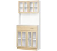 Buffet Haut 4 Portes Verre Étagère Tiroir Niche Blanc Aspect Bois Beige