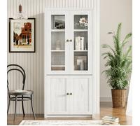 Buffet Haut - - 80x171cm - 4 Portes (2 Vitrées) & Poignées Cuivrées - Vaisselier Scandinave - Bois Clair