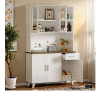 Buffet haut armoire de cuisine - EIFSON - 5 Portes 1 Tiroir - 1 Niche Centrale avec Passe-câble - 114 x 40 x 190 cm - Beige