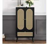 Buffet Haut avec 2 Portes et 1 Tiroirs, Vaisselier Meuble De Rangement Salon Chambre, Style Rotin, Bois Chêne, 110,5x60x40 cm