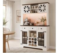 Buffet haut avec 4 portes, 3 tiroirs, LED et range-bouteilles - pour cuisine - en MDF et verre - 120×40×180 cm - blanc