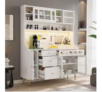Buffet haut avec étagères réglables, tiroir et range-bouteilles, LED, pour salon, en verre et MDF, blanc, 145×39×171 cm