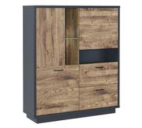 Buffet haut avec LED , meuble de rangement coloris Chêne, graphite - Longueur 125 x Profondeur 38 x Hauteur 147 cm