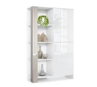 Buffet Haut Canto, meuble haut avec 2 portes et 8 compartiments, blanc mat-blanc brillant-gris sable brillant (95 x 151,5 x 36 cm)