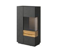 Buffet haut collection KILES deux portes. Coloris gris anthracite et chêne. Porte vitrée à droite