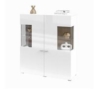 Buffet haut collection KOBEE 2 portes vitrées avec LED intégrée. Couleur blanc et chêne.