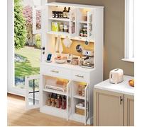 Buffet Haut Cuisine 180cm - LED RGB App & Prise - 6 Portes & 2 Tiroirs - Vaisselier Moderne Poignées Dorées - Design moderne Blanc