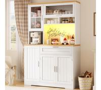 Buffet haut cuisine, armoire de cuisine, vaisselier, 4 portes dont 1 en verre, 1 tiroirs, plan de travail, étagères réglables, meuble de rangement pour salon salle à manger (Blanc, 104x40x180 cm)