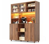Buffet Haut Cuisine avec éclairage LED, Armoire de Cuisine avec Portes en Verre, Meuble de Rangement, Style Rétro, 120×40×185cm