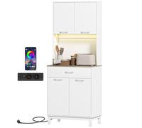 Buffet haut cuisine - HOMCOM - éclairage LED et station de charge - 4 portes, tiroir et plan de travail - bois - 71x40x180cm - blanc