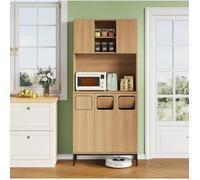 Buffet haut de cuisine 80x35x181 cm chêne avec tri des déchets 3 compartiments, niche micro-ondes