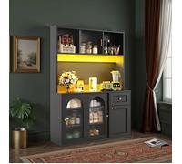 Buffet Haut de Cuisine - Novélys - 167cm Vaisselier avec Portes Coulissantes en Verre & Tiroir à Clé - LED - Noir et Or