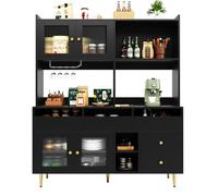 Buffet haut de cuisine portes vitrées range bouteilles MDF noir 145x39x171 cm